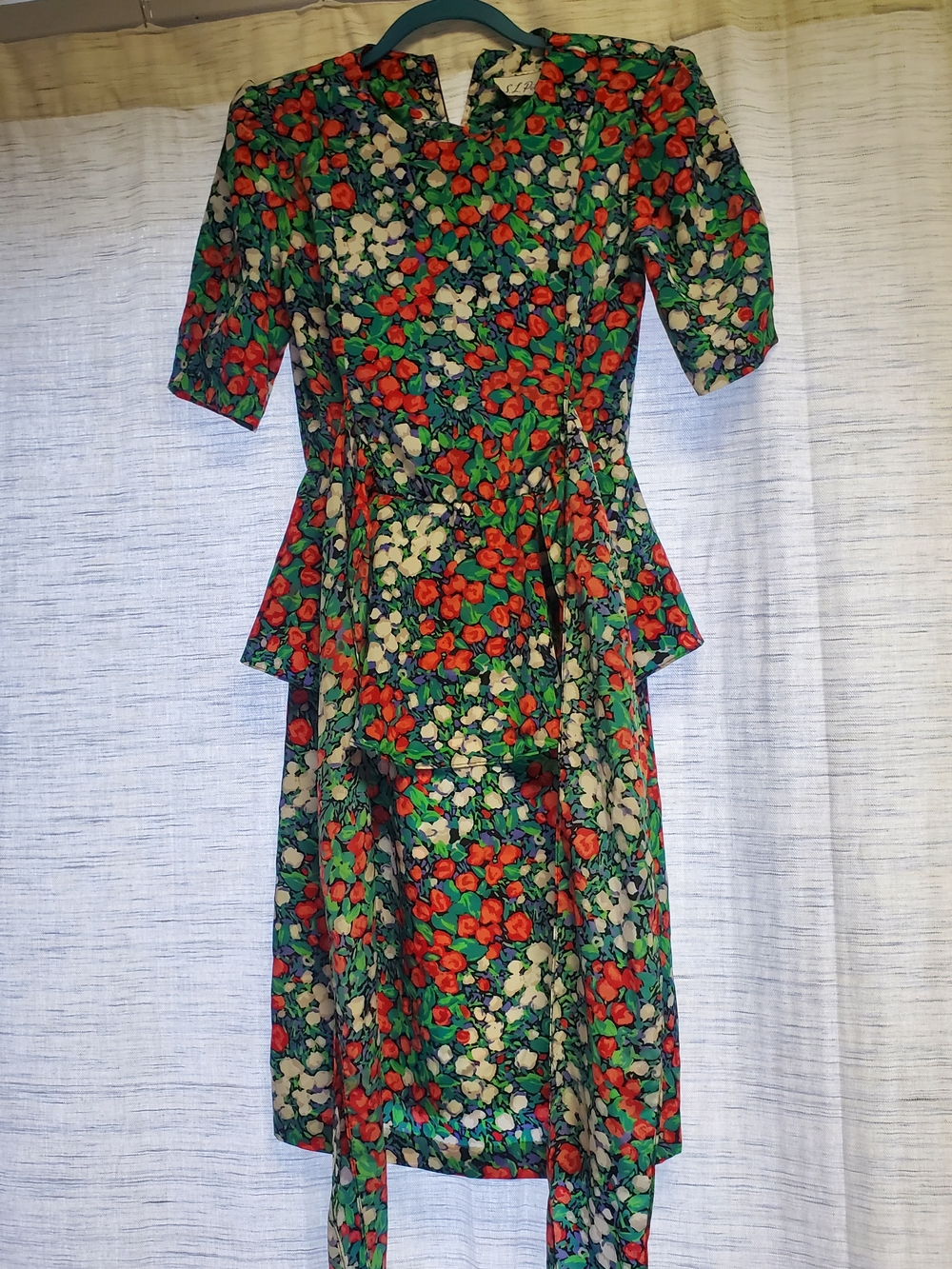 S.L. Fashions Green Floral Midi Dress with Red & Cream Accents